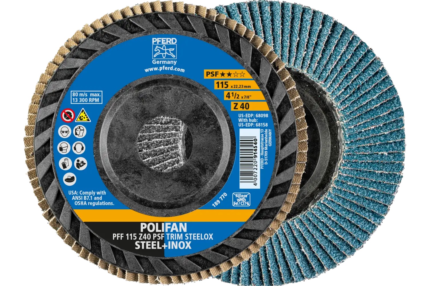 Picture of Pferd Flap Disc, 4-1/2" x 7/8, Z PSF Trim Steelox, 40 Grit, T27, Flat, Zirconia